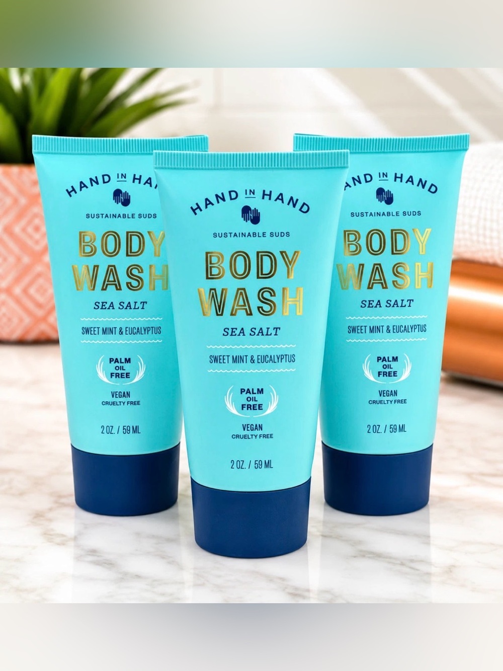 Set of 3-Hand in Hand Body Wash Sea Salt Sweet Mint & Eucalyptus 2oz. /each-NEW